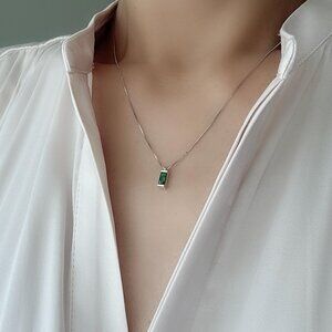 Sterling Silver Small Rectangle Emerald Green Pendant Necklaces